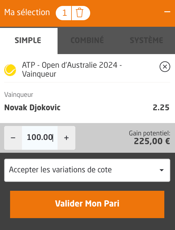 cote Djokovic vainqueur Open Australie 2024