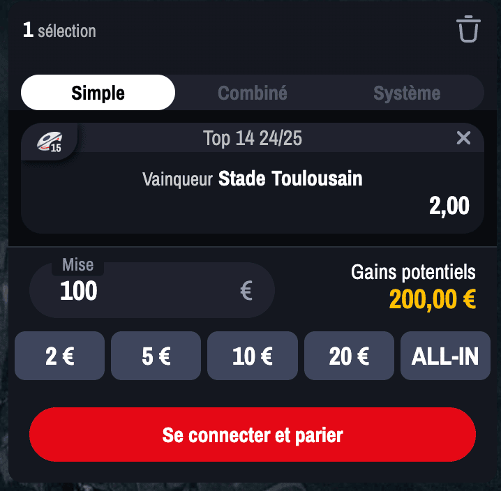 cote vainqueur top 14 - Stade Toulousain