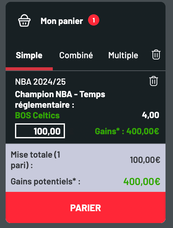 Cote vainqueur NBA 2025 - Boston Celtics