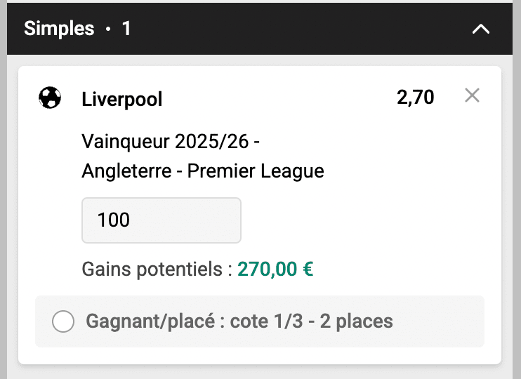 cote liverpool vainqueur Premier League 2025-2026
